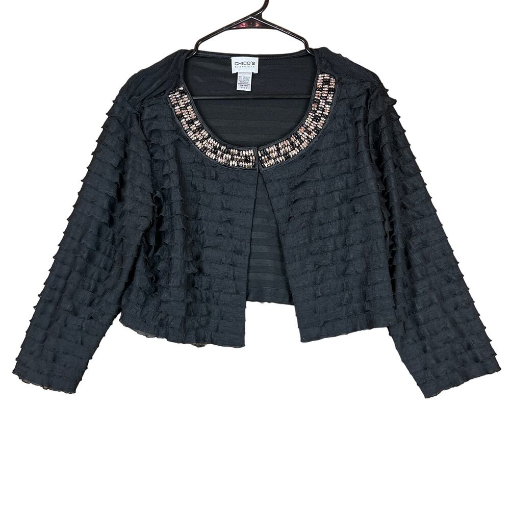 Chicos Traveler Womens Cardigan Black Cropped Ruffle Beaded Front 2 (US L)